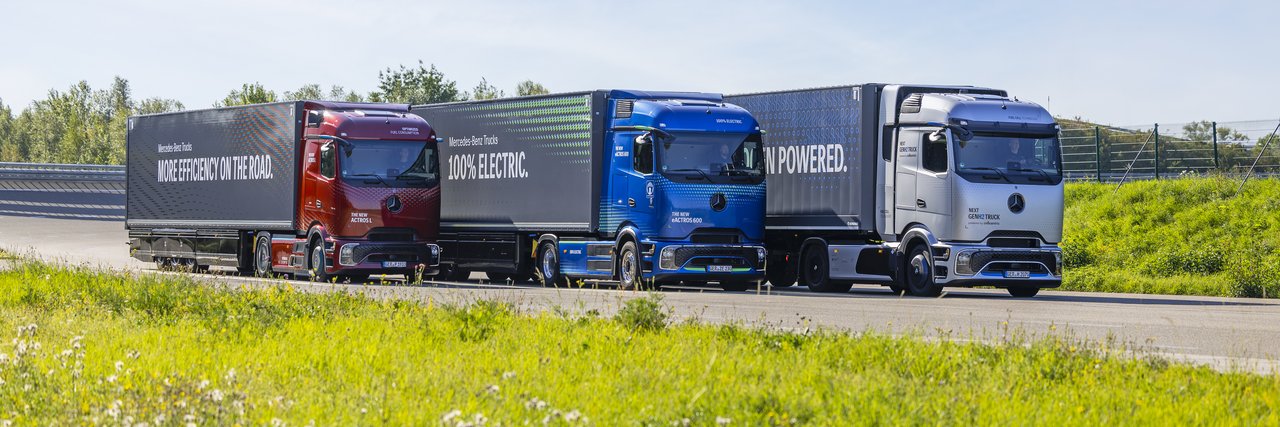 Mercedes-Benz Actros L, eActros 600 and Next GenH2 Truck driving on the road